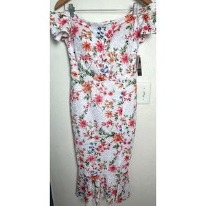 GUESS Dress Womens 8 Midi Floral Body Con Dress Off Shoulder Sleeve Cottagecore